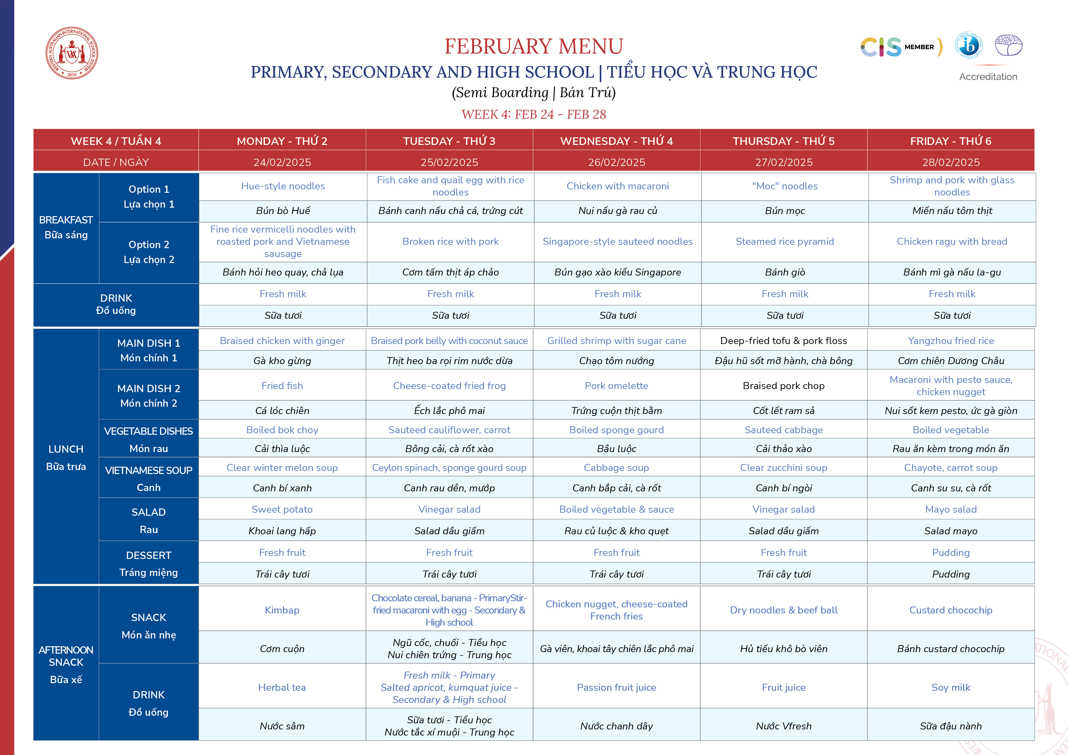 1 12 February 2025 Menu The Western Australian International School